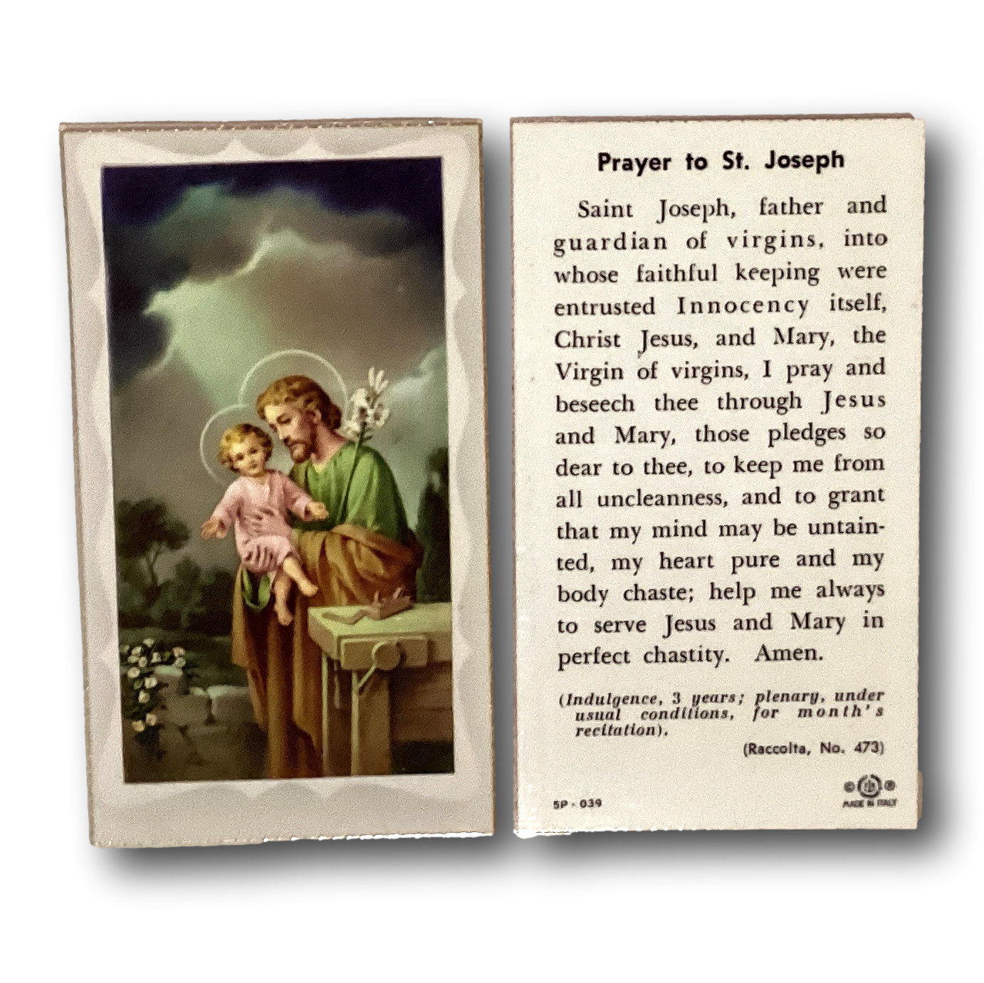 Prayer to Saint Joseph prayer card featuring religious artwork and prayer text, ideal for faith and devotion practices.