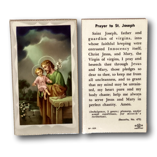 Prayer to Saint Joseph prayer card featuring religious artwork and prayer text, ideal for faith and devotion practices.