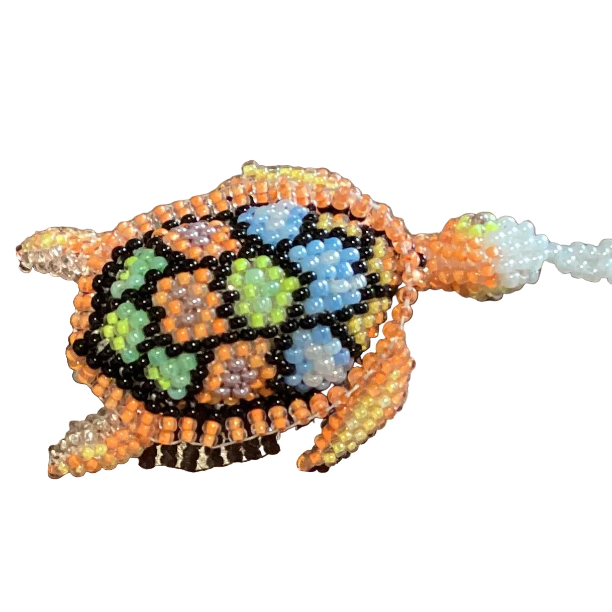 Handmade Mexican beaded turtle ornament by Jose Alberto Chavez, featuring intricate seed bead design, ideal as a bag accessory.