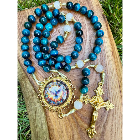 Blue and gold-tone Catholic rosary with ornate Holy Spirit pendant, five-decade Christian rosary by Liza Murphy.