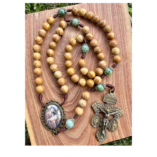 Liza Murphy Saint Joseph Catholic rosary with five decades, featuring wooden beads and a crucifix for Christian prayer and devotion.