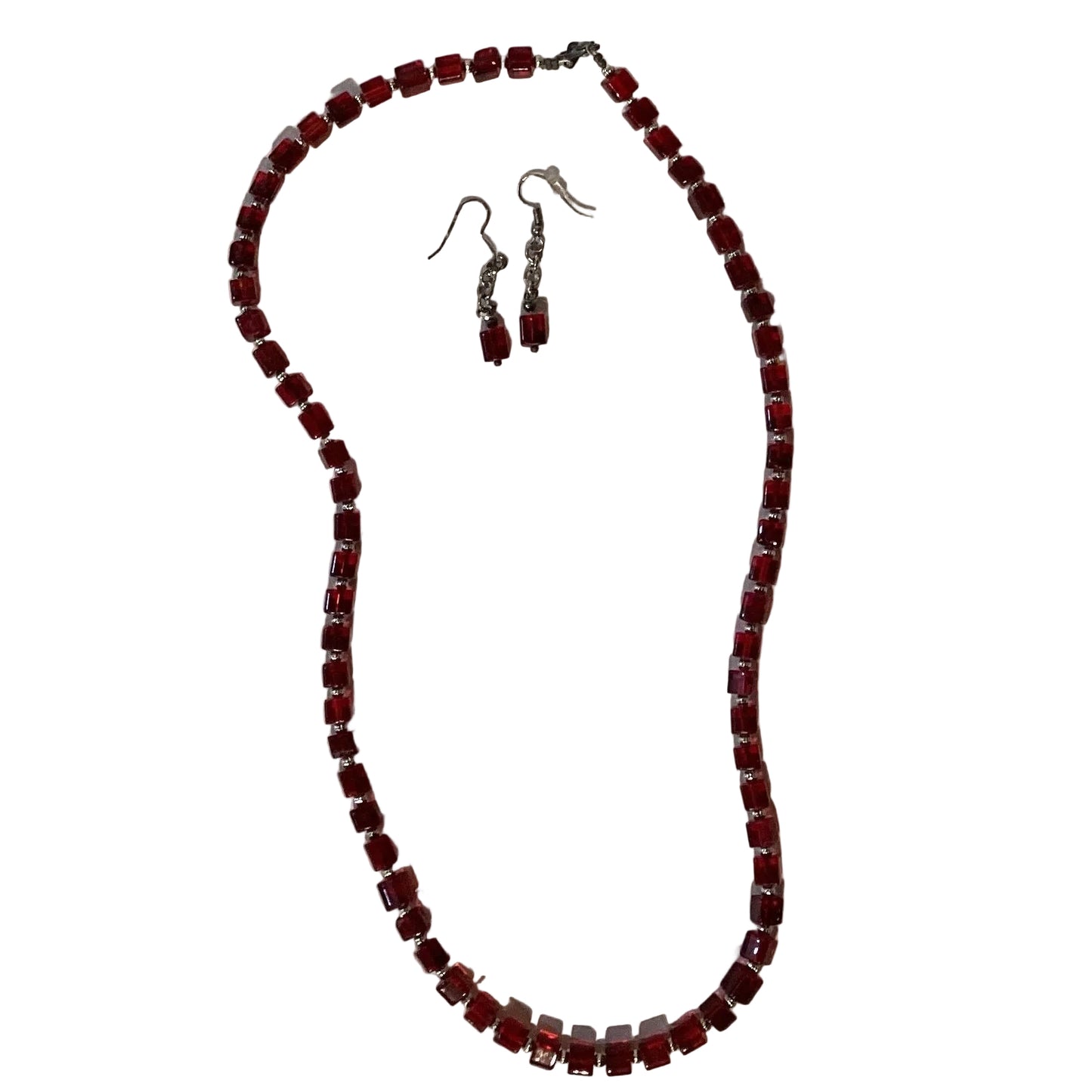 Ruby geometric necklace and earrings set featuring a 23-inch necklace, crafted by Ysleta Mission Gift Shop, jewelry and accessories.