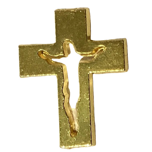 Gold crucifix pin, 1 inch size, Ysleta Mission Gift Shop jewelry and accessory brooch for lapel or clothing decoration