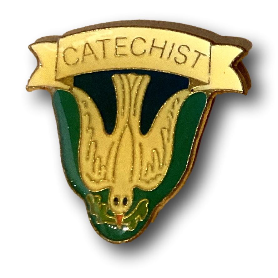 Vintage Catechist 1.25-inch pin by Ysleta Mission Gift Shop, a detailed religious brooch with intricate design.