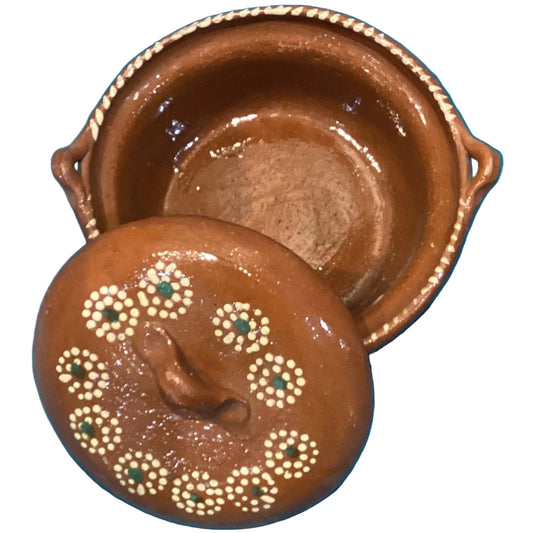 Handmade Mexican style 4x4-inch clay pot with handles and lid, ideal for home and garden kitchen decor.