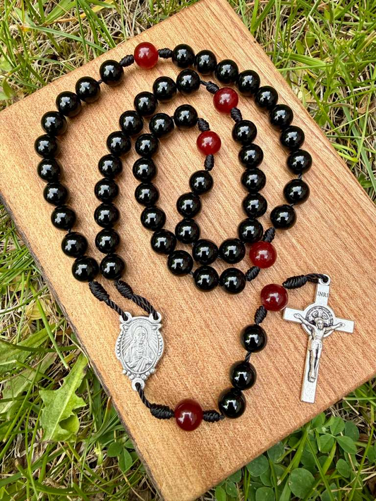Catholic rosary with black agate and red jade beads, Sacred Heart pendant, Saint Benedict crucifix, five-decade Christian prayer bead set.