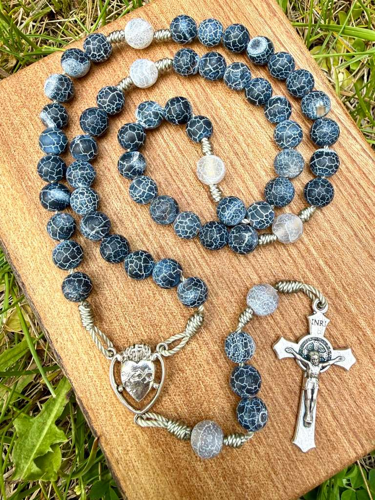Catholic blue and silver weathered agate rosary with Sacred Heart centerpiece, Saint Benedict crucifix, five-decade Christian rosary by Liza Murphy