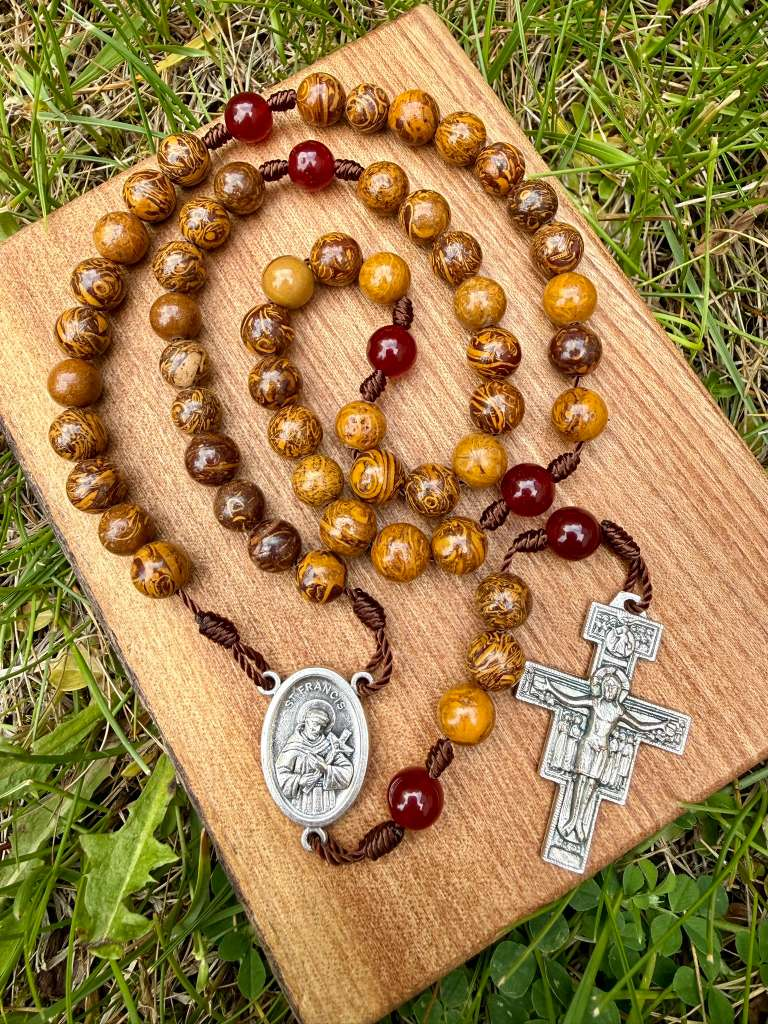 Saint Francis elephant skin jasper rosary with San Damiano crucifix, five-decade Catholic Christian rosary by Liza Murphy.