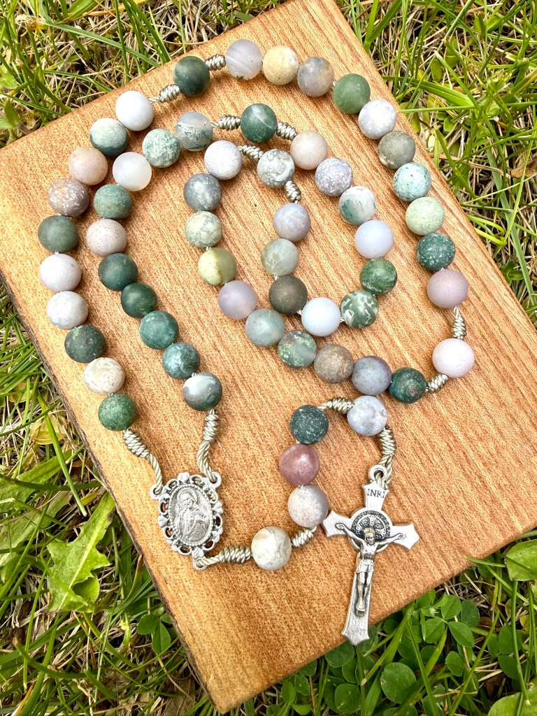 Frosted Indian Agate Sacred Heart rosary with Saint Benedict crucifix, five-decade Catholic Christian rosary by Liza Murphy.