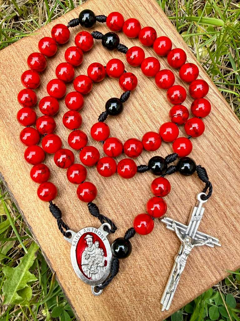 Catholic rosary with Jasper and Agate beads, Saint Anthony centerpiece, five-decade Christian prayer necklace by Liza Murphy.