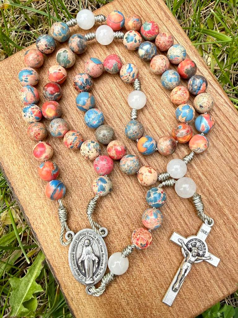 Orange and blue Imperial Jasper rosary with Miraculous Medal centerpiece, Saint Benedict crucifix, five-decade Catholic Christian rosary.