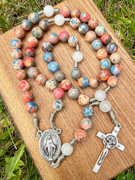 Orange and blue Imperial Jasper rosary with Miraculous Medal centerpiece, Saint Benedict crucifix, five-decade Catholic Christian rosary.