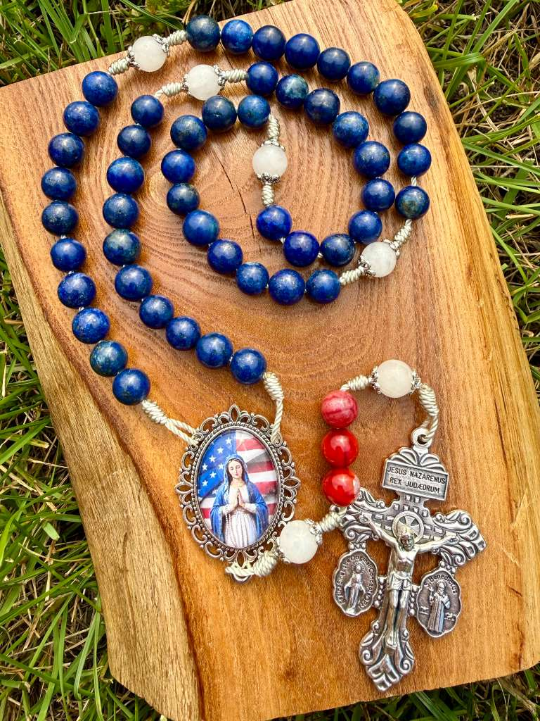 Ornate Catholic five-decade Marian rosary with patriotic lapis lazuli, jade, agate beads, and a Pardon crucifix, by Liza Murphy.
