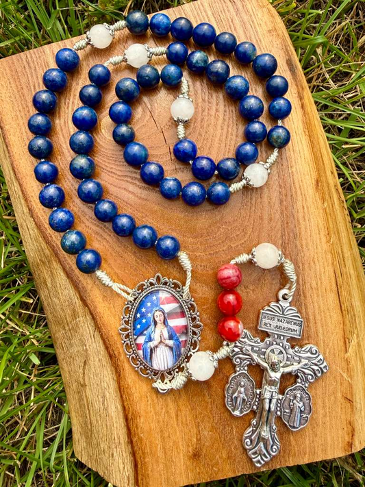 Ornate Catholic five-decade Marian rosary with patriotic lapis lazuli, jade, agate beads, and a Pardon crucifix, by Liza Murphy.