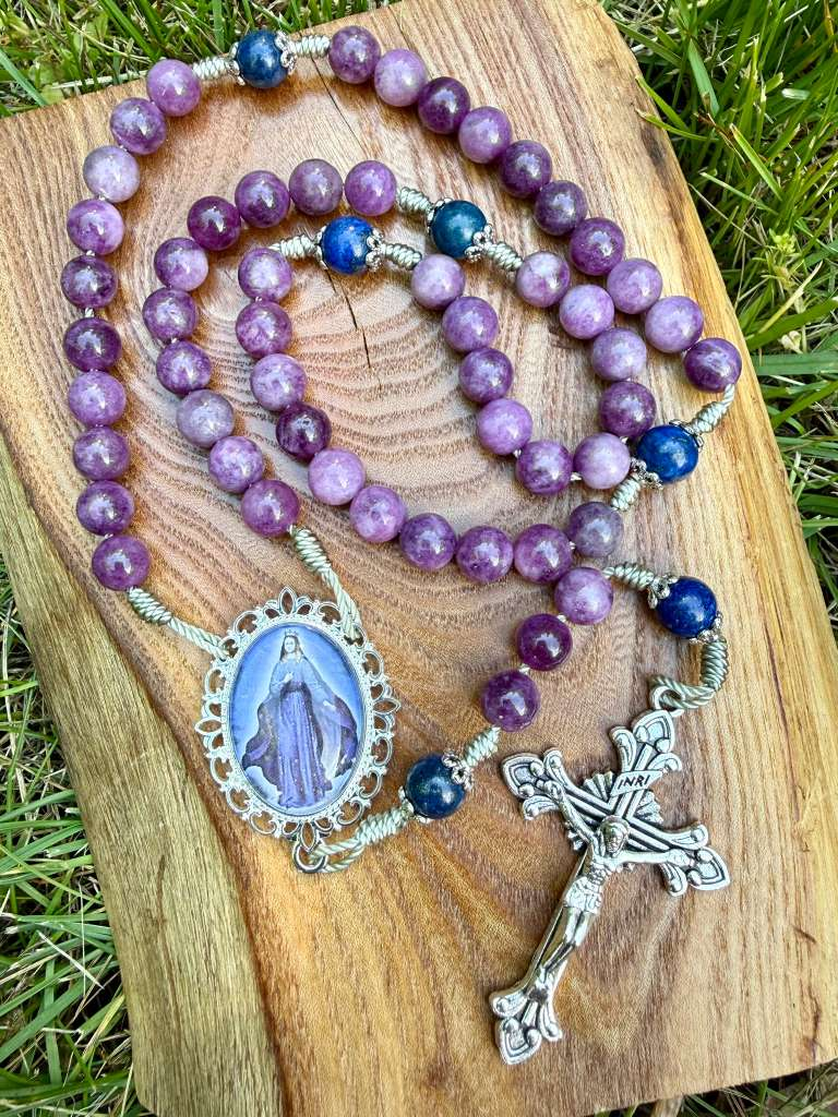 Catholic rosary with purple quartz and lapis lazuli beads, ornate Our Lady of Hope centerpiece, and two crucifixes by Liza Murphy.