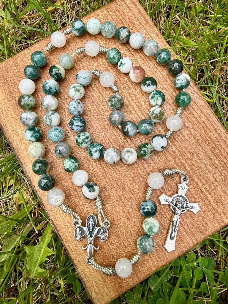 Tree Agate Fleur-de-Lis Catholic rosary with Saint Benedict crucifix, five-decade Christian rosary by Liza Murphy.