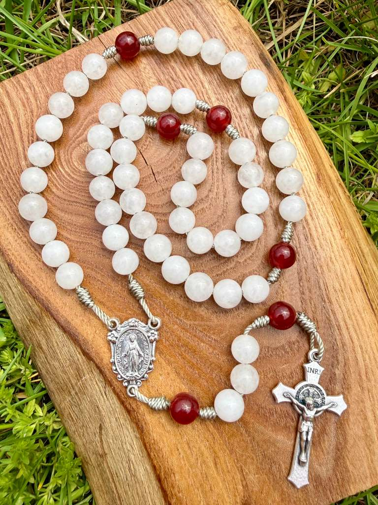 White and red Immaculate Conception rosary with Saint Benedict crucifix, five-decade Catholic Christian rosary by Liza Murphy.