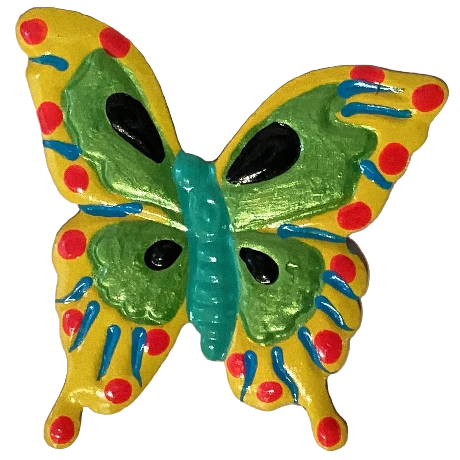 Butterfly 3-inch tin magnet from Ysleta Mission Gift Shop, decorative home and garden refrigerator magnet with colorful butterfly design.