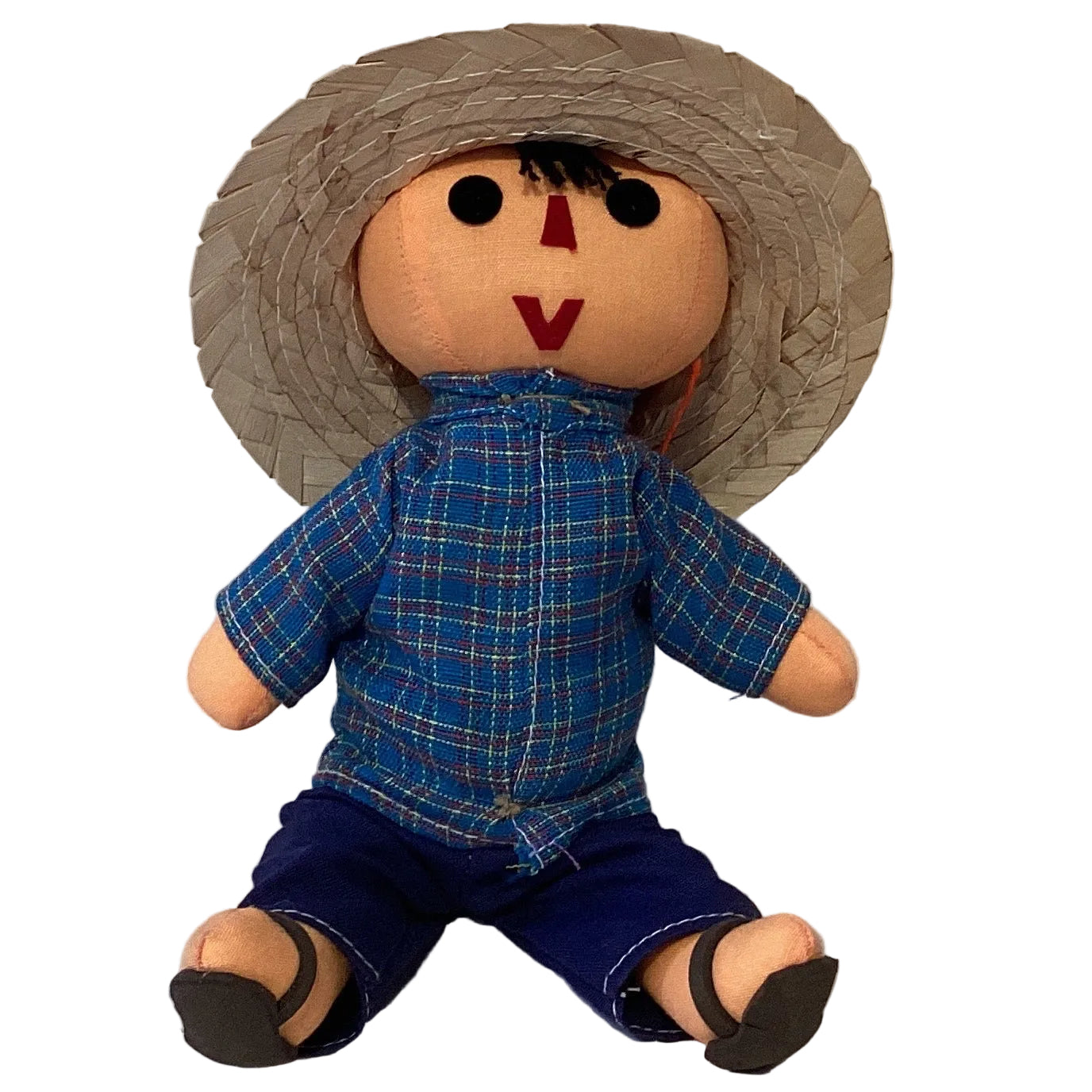Handcrafted Mexican Pedro Boy doll by Jose Alberto Chavez, traditional rag doll with colorful clothing and posable arms.