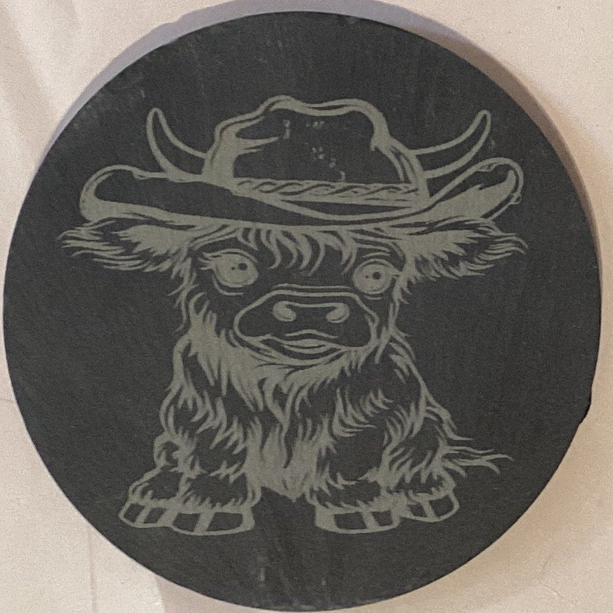Cow design stone coasters, 4-inch set featuring rustic cow illustrations, ideal for protecting surfaces and adding country charm
