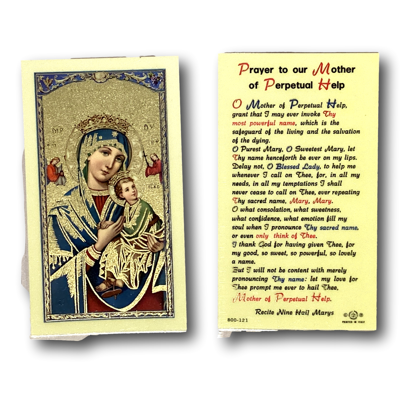 Image of the Our Mother of Perpetual Help prayer card by Ysleta Mission Gift Shop featuring religious artwork and prayer text.