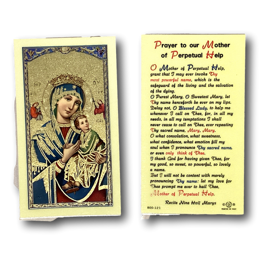 Image of the Our Mother of Perpetual Help prayer card by Ysleta Mission Gift Shop featuring religious artwork and prayer text.