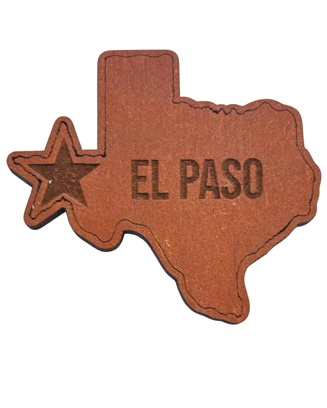 Texas-shaped laser cut wood magnet featuring El Paso design, 2x2 inches, perfect for souvenirs or gifts.