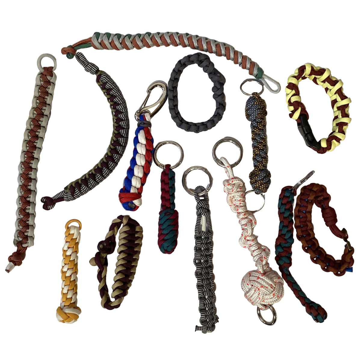 Colorful braided rope paracord keychain from Ysleta Mission Gift Shop, suitable for handbags and wallet accessories.