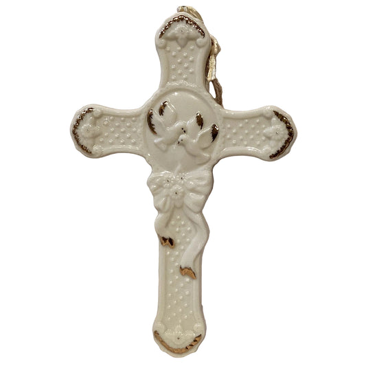 Holy Spirit porcelain cross with gold accents, 10-inch Catholic Christian crucifix featuring detailed craftsmanship and religious symbolism.
