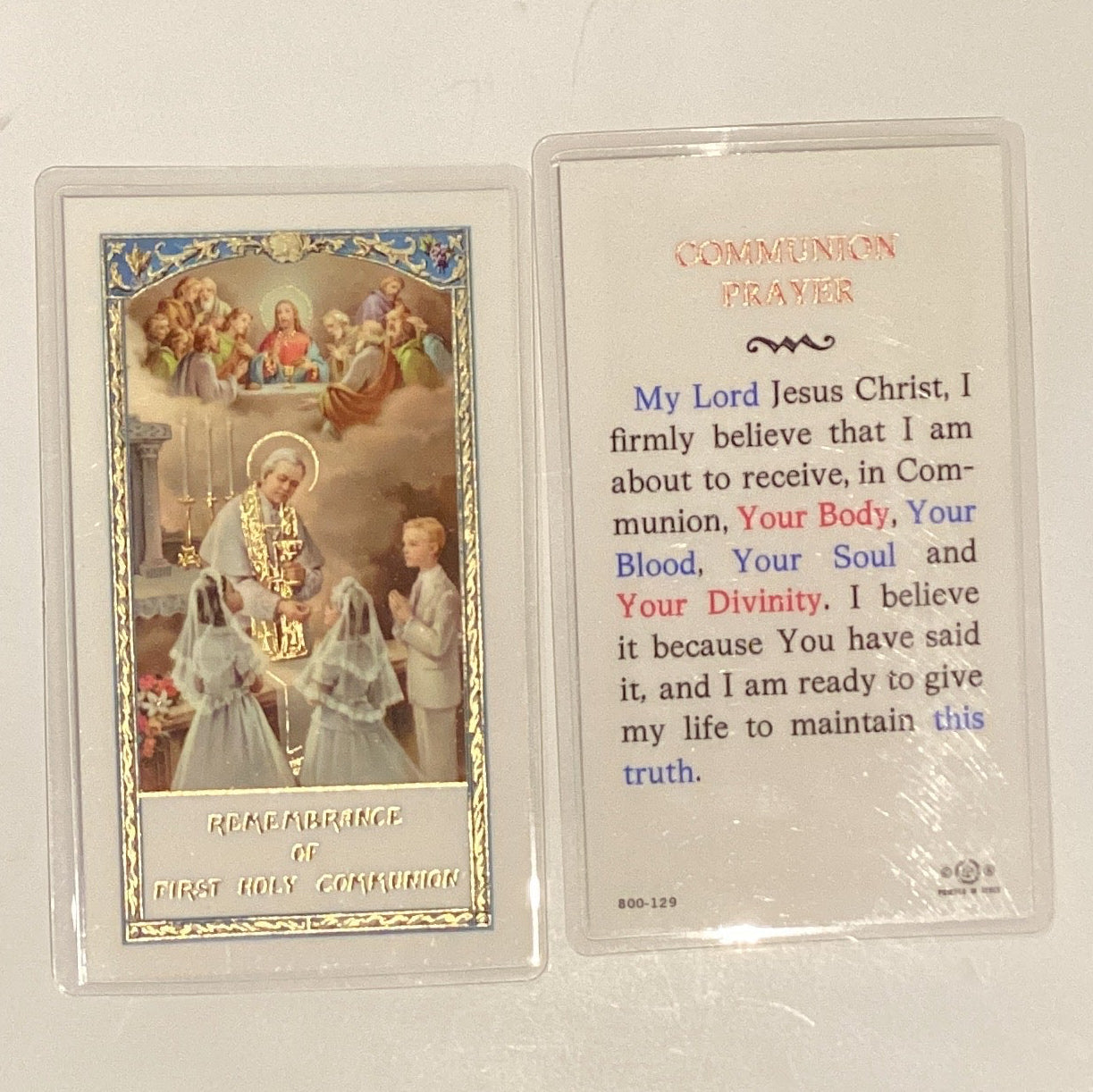 “Remembrance of First Holy Communion” Communion Prayer Card Laminated