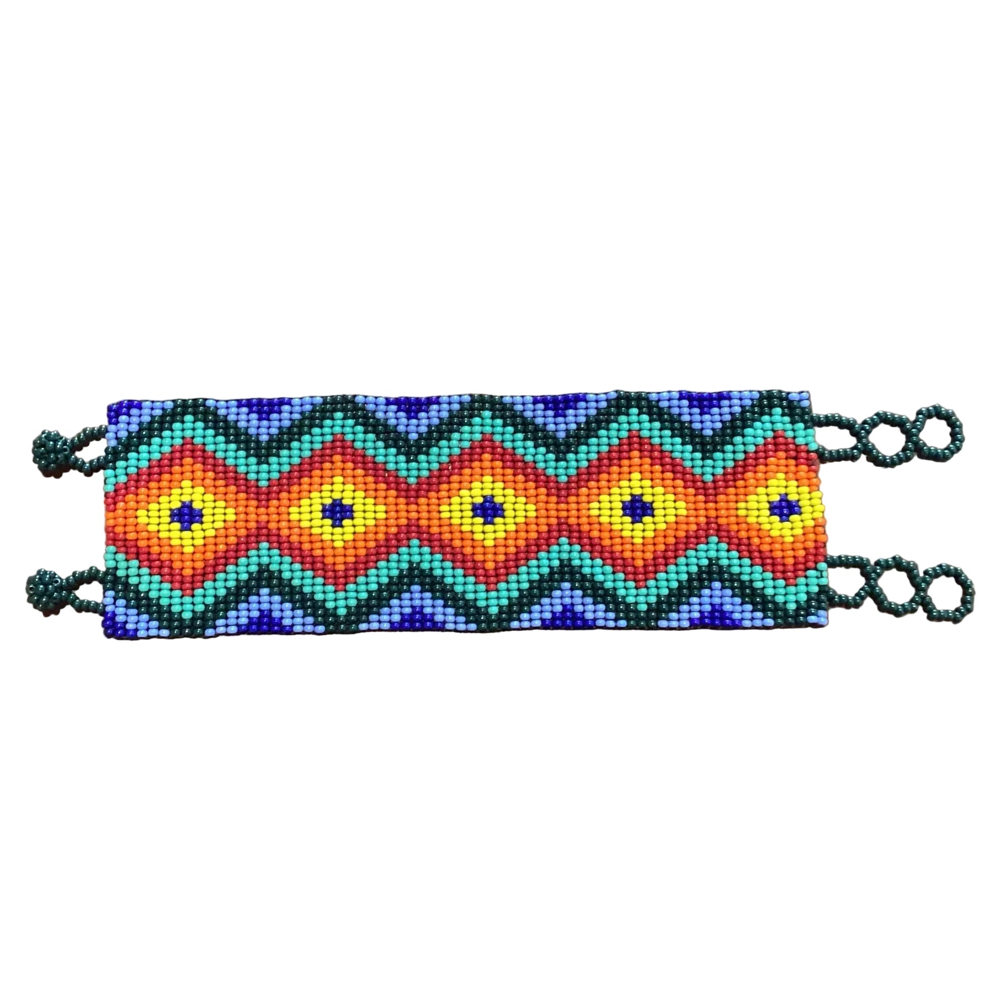 Handmade Mexican beaded wide bracelet by Jose Alberto Chavez featuring colorful intricate beadwork and traditional design.