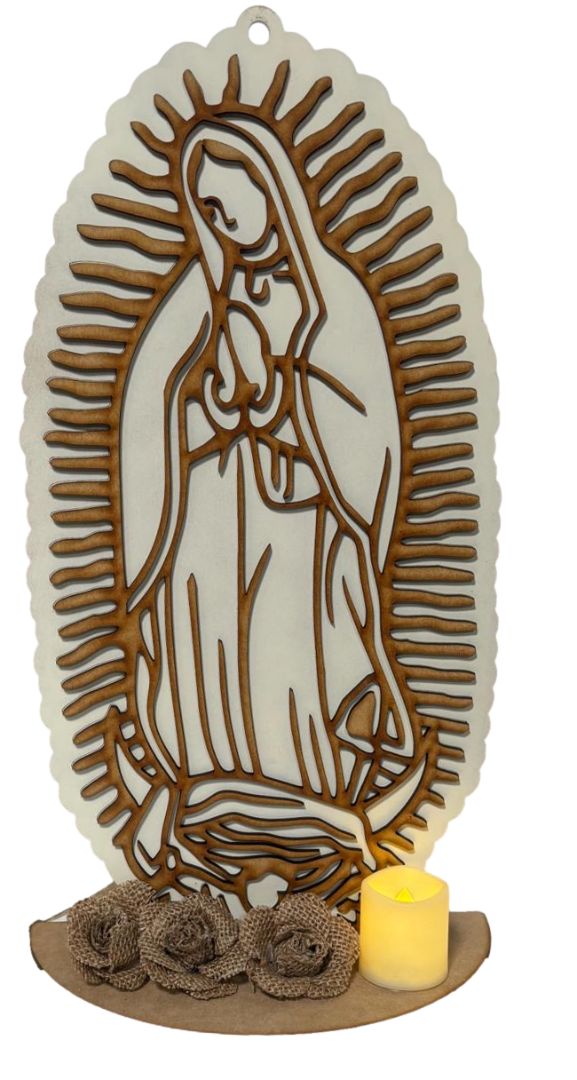 Virgen De Guadalupe Plaque With Flowers and Candle Laser Cut