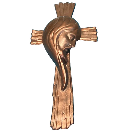 Ceramic Jesus on the Cross Catholic crucifix wall decor with detailed figure, mounted on a wooden cross, ideal for Christian home decor.