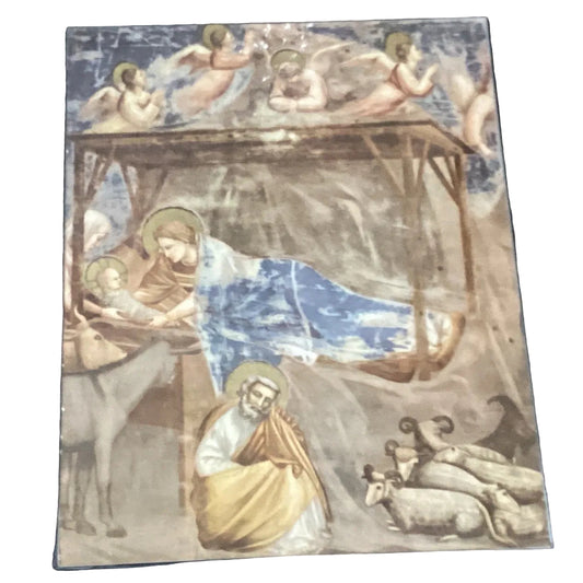 Abstract Holy Family print in 14-inch size by Ysleta Mission Gift Shop, featuring artistic depiction of Mary, Joseph, and baby Jesus.