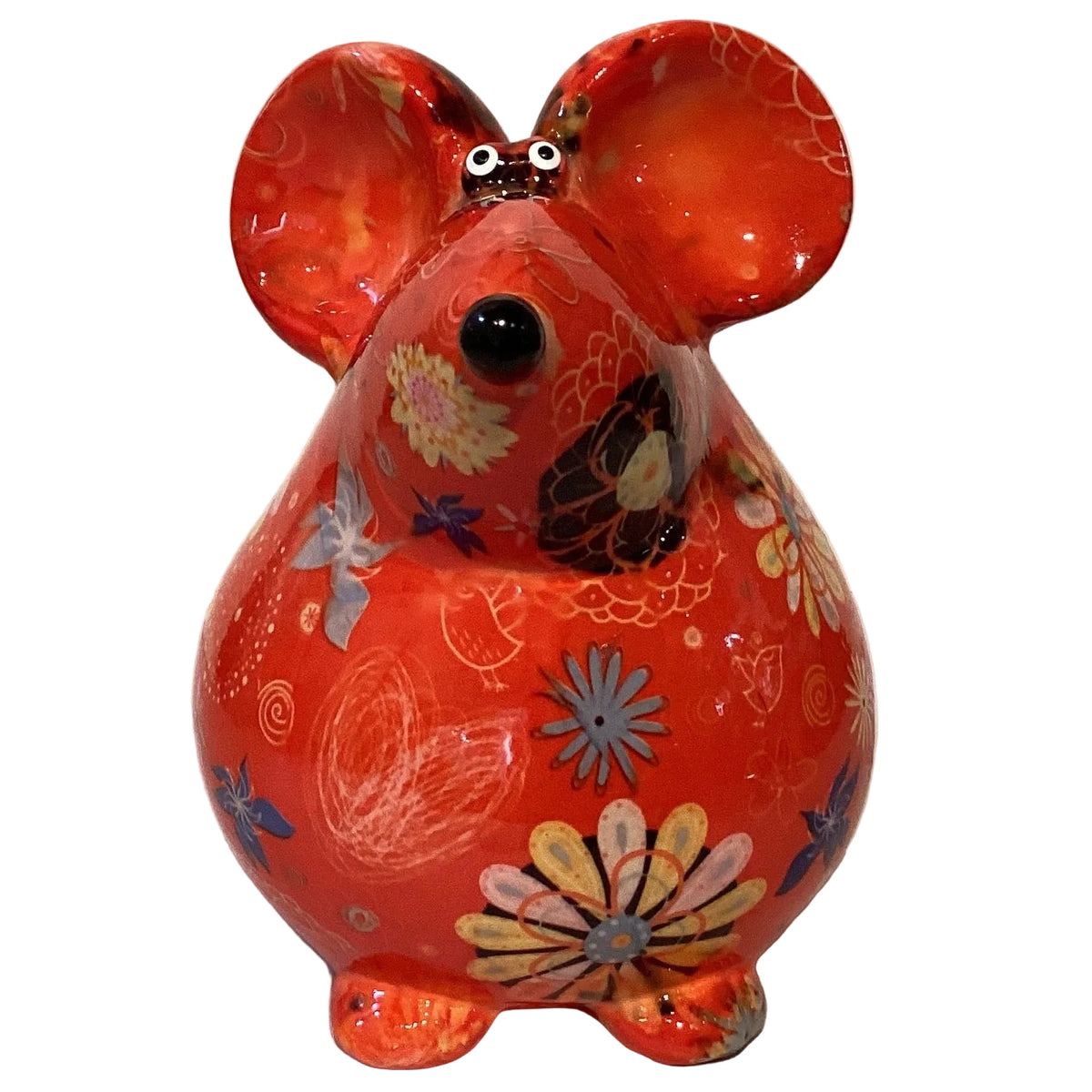 Ceramic piggy bank shaped like a mouse, 8 inches tall, from Ysleta Mission Gift Shop, perfect for home savings and decor.