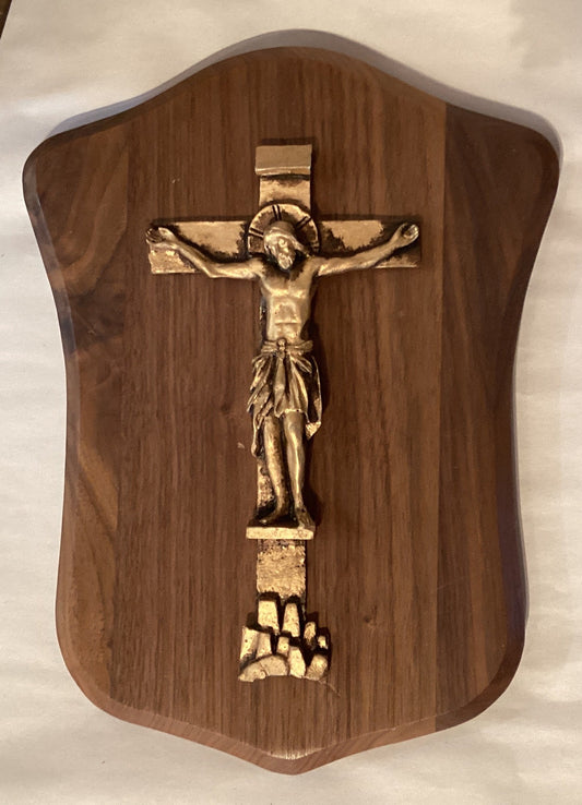 Bronze Tone Crucifix Plaque on Wood Base – Religious Wall Hanging 7x4 - Ysleta Mission Gift Shop