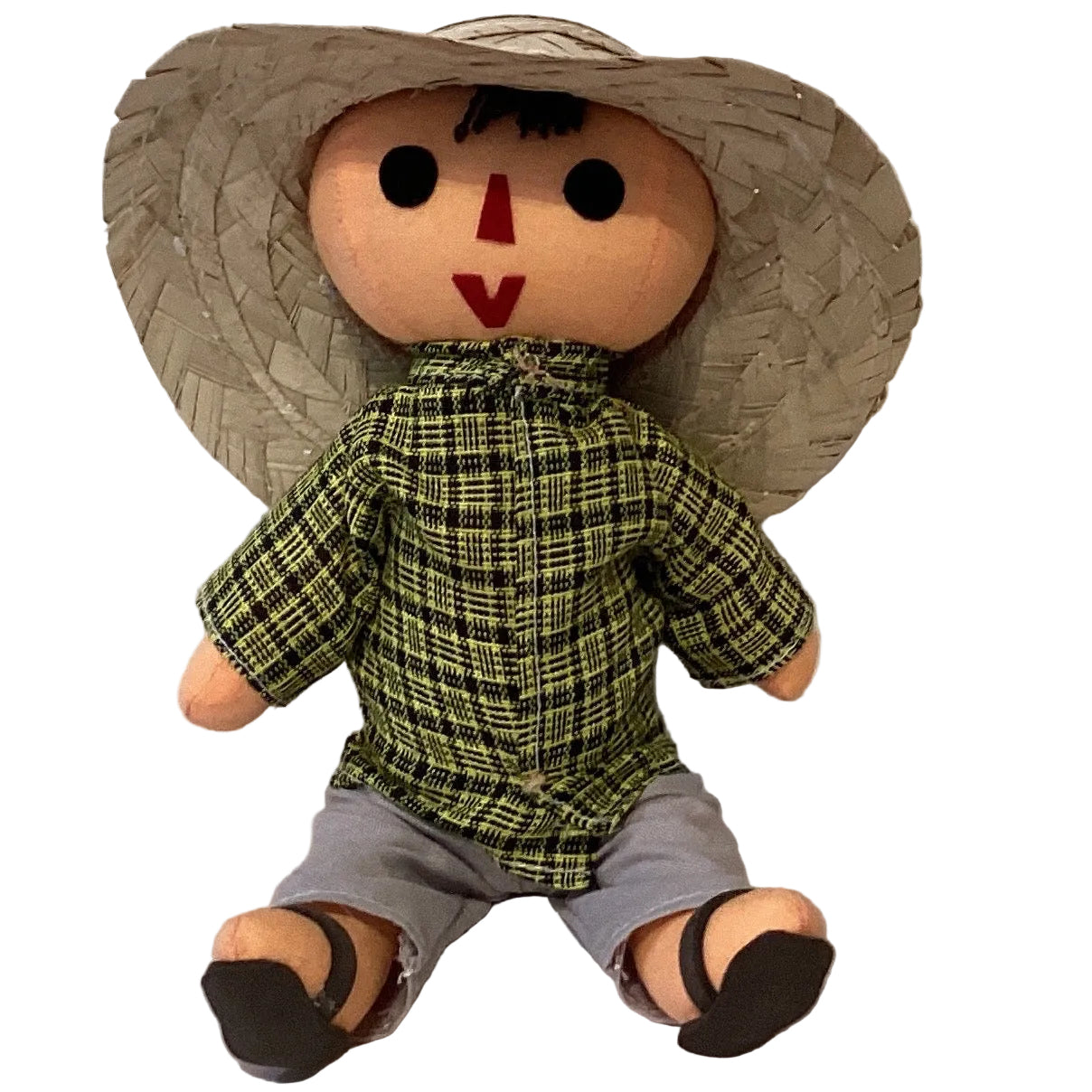 Handcrafted Traditional Mexican Pedro Boy Rag Doll by Jose Alberto Chavez, with colorful clothing and poseable arms for display or play.