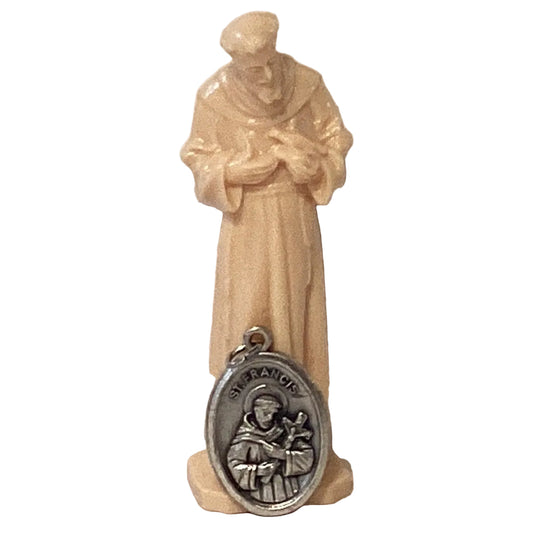Saint Francis of Assisi Catholic figurine with medal, 3-inch statue, depicting the saint holding a cross and wearing traditional robes.
