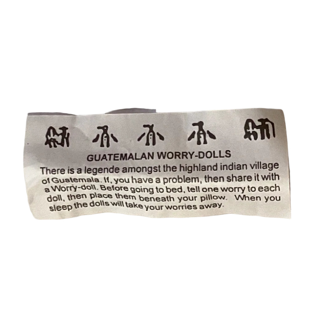 Colorful worry dolls with a 1.75-inch box and .75-inch dolls, crafted as decorative figurines by Ysleta Mission Gift Shop.