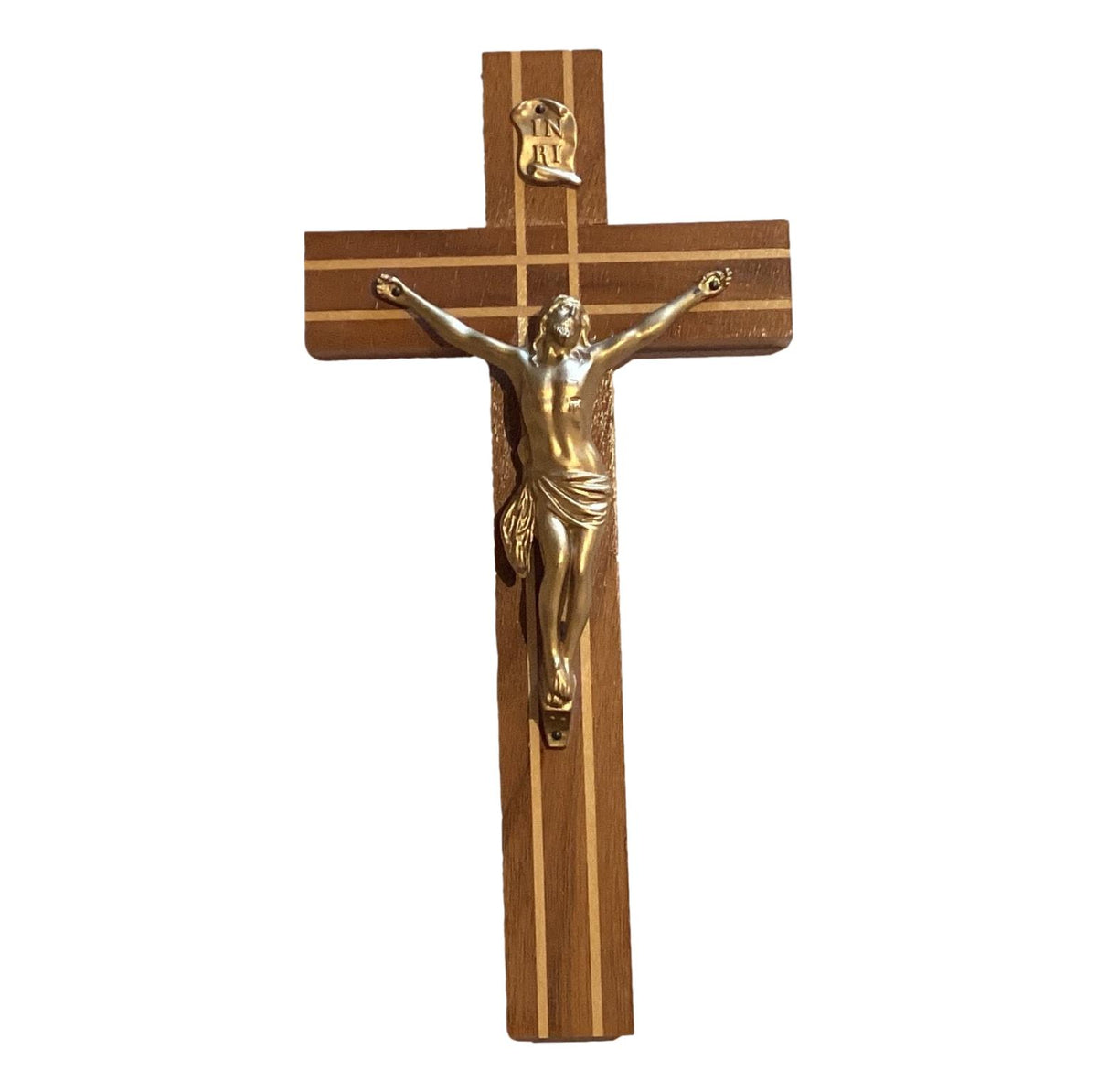 Wood and metal 10-inch crucifix wall decor featuring a detailed cross with a rustic finish, ideal for religious wall decorations.