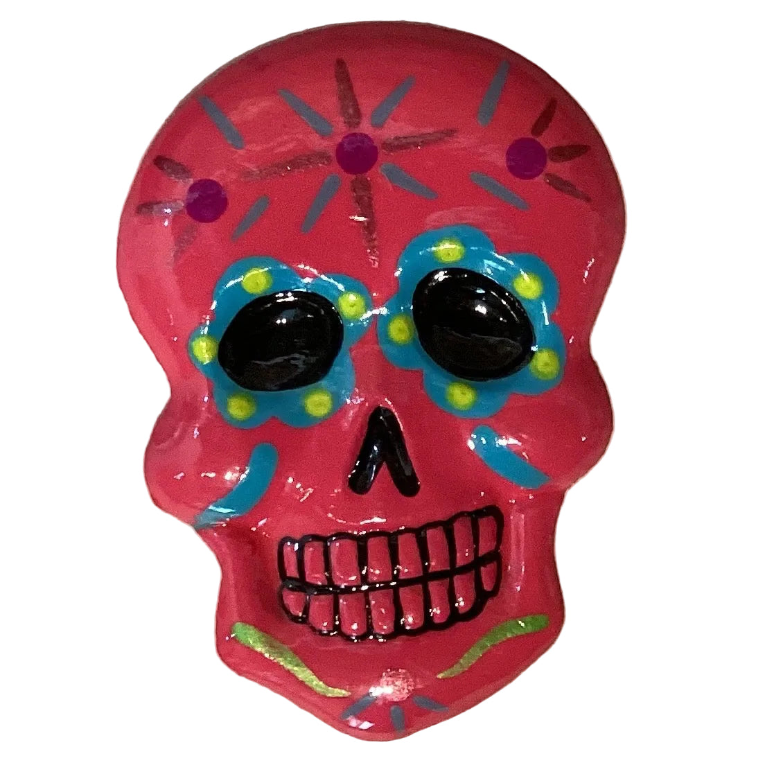 Colorful 4-inch Calavera magnet from Ysleta Mission Gift Shop, decorative skull magnet for home and refrigerator decor.