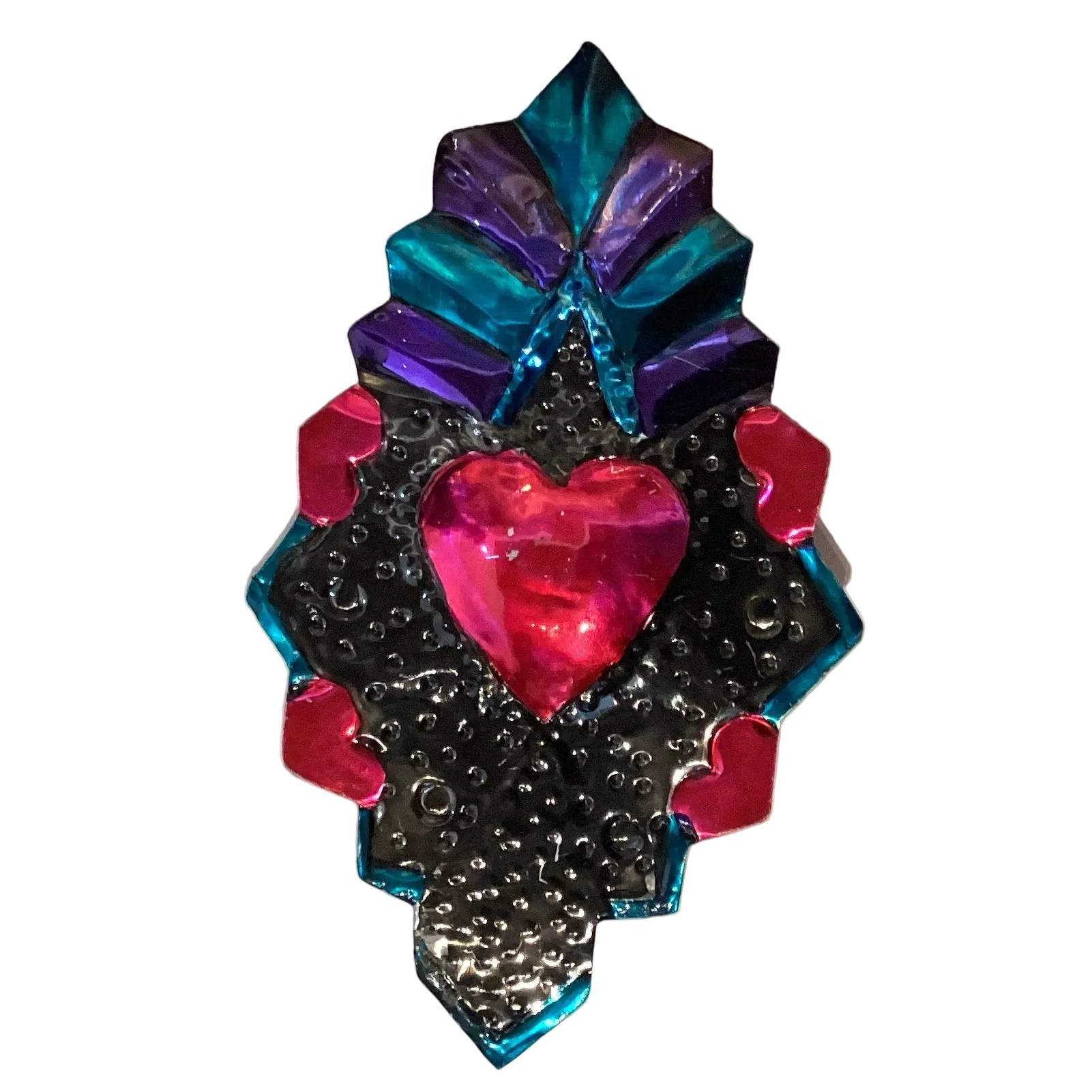 Rustic handmade Mexican tin heart magnet from Ysleta Mission Gift Shop, perfect for refrigerator or home decor.