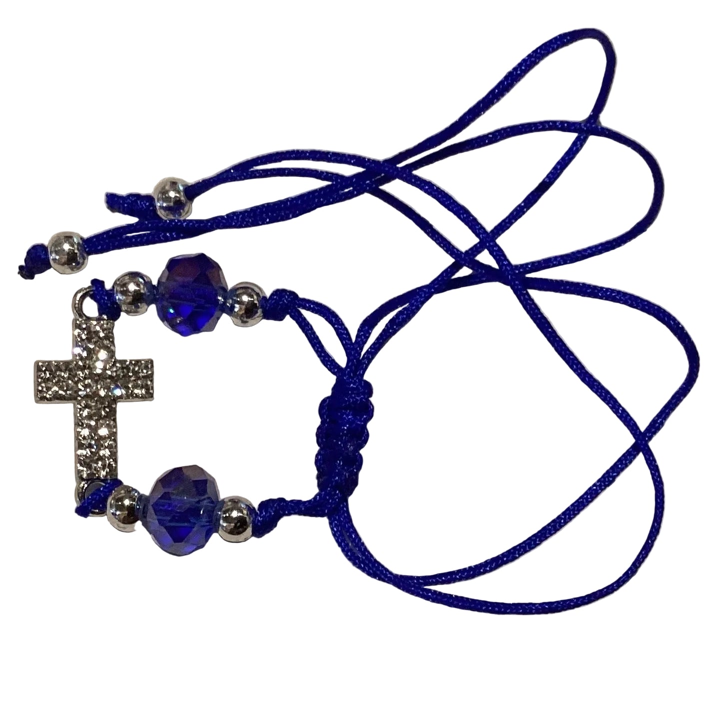 Blue cross charm on adjustable nylon bracelet, Catholic Christian jewelry with beads, featuring religious symbol design.