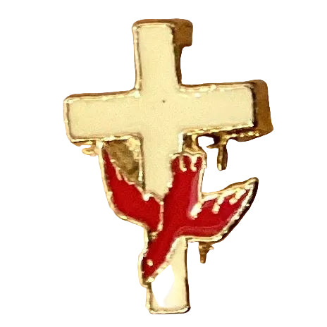 White cross lapel pin featuring the Holy Spirit design, made of metal, suitable for jewelry and accessories.