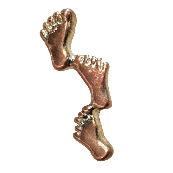 Catholic Christian jewelry footprint pin, 0.75 inch, silver-tone, religious gift accessory from Ysleta Mission Gift Shop.