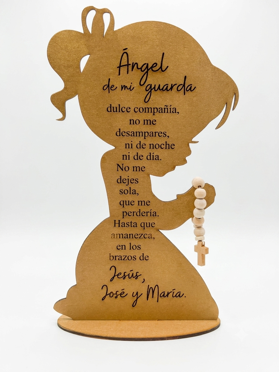 Handcrafted wooden Angel of God art featuring a praying child, 6x10 inches, Catholic Christian prayer display by Norma Cordova De Schaefer