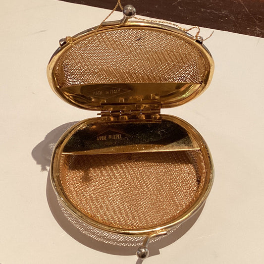 Gold-tone mesh coin purse with vintage design, 3-inch size, made in Italy, perfect for collectible home and garden decor.