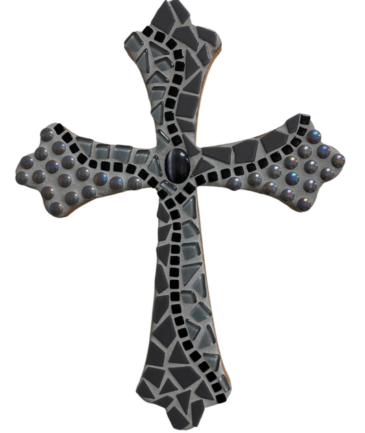 Cross Mosaic Wood Celtic Cross In Greys/Black W/Gem In Middle 14”X10&1/2”