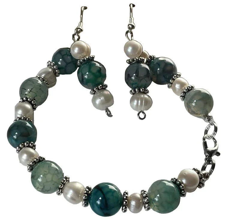 Sylvia Leroux dragon vein green turquoise bracelet and matching 2-inch earrings set, featuring vibrant gemstone jewelry.