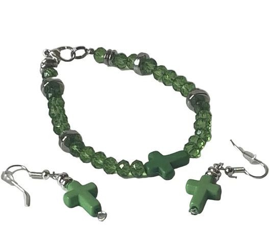 Green crystal cross bracelet and matching earrings set by Sylvia Leroux featuring 7-inch bracelet and 1.5-inch earrings in jewelry accessories style.